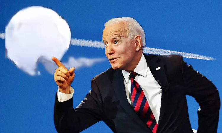 Photo edit of Joe Biden pointing at Chinese spy balloon after being shot down. © Alexander J. Williams III