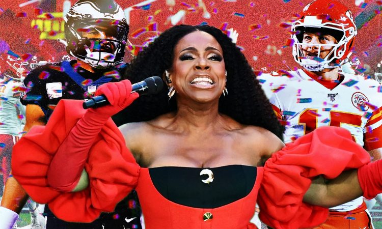 Photo edit showing the "Black National Anthem" being performed before Super Bowl LVII by actress and singer Sheryl Lee Ralph. Credit: Alexander J. Williams III/Popacta