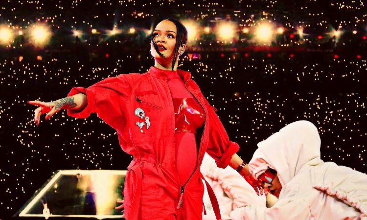 Photo edit of pop star Rihanna preforming at Super Bowl LVII. Credit: Alexander J. Williams III/Popacta