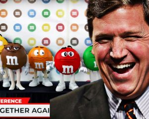 Photo edit of Fox News host laughing following M&M's returning to their traditional advertising following being ridiculed on "Tucker Carlson Tonight." Credit: Alexander J. Williams III/Popacta