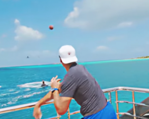 Tom Brady following up on a dare from MrBeast and hitting a drone out of the sky. via TheWashedAthlete/YouTube