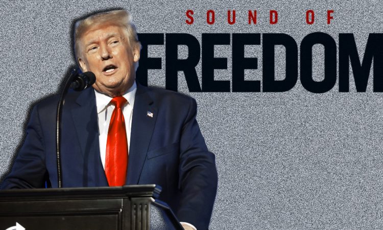 Photo illustration of former President Donald J. Trump showing Sound of Freedom.